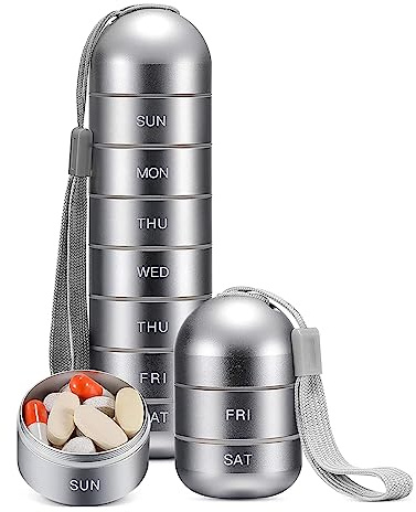 HDAKDDHG Metall-Pillendose, wöchentlich, stapelbar, wasserdicht, für Reisen, Wandern, 7 Tage, Datumsanzeige, großes Fach für Pillen, Vitamine, Kapseln, Fischöl, Nahrungsergänzungsmittel (grau)
