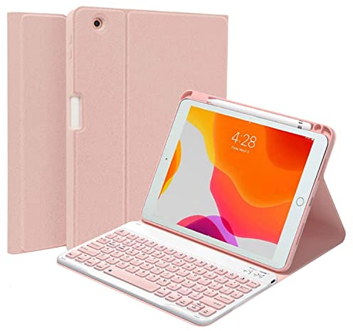 QYiiD Funda con teclado para iPad de 9.7 pulgadas 2018 (6ª generación) / iPad 2017 (5ª generación) / iPad Air 2/1, funda inteligente con teclado desmontable inalámbrico con soporte para lápices, rosa