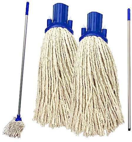 Floor Mop Handle with 2 Mop Heads Set – 120cm Long Aluminium Handle and Pack of 2 String Heads Replacement Cleaning (Blue)