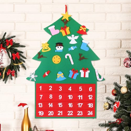 Felt Christmas Advent Calendar, Fillable Christmas Tree Countdown Calendar, 24 Days DIY Christmas Tree Ornaments Hanging Advent Calendar for Door Wall Decorations (Christma Tree)