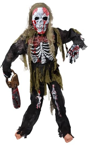 Ulikey Disfraz de zombi para niño, aterrador, disfraz de zombi esqueleto de Halloween para niños, disfraz de esqueleto para niño con motosierra, guantes de esqueleto y máscara de zombi (M)