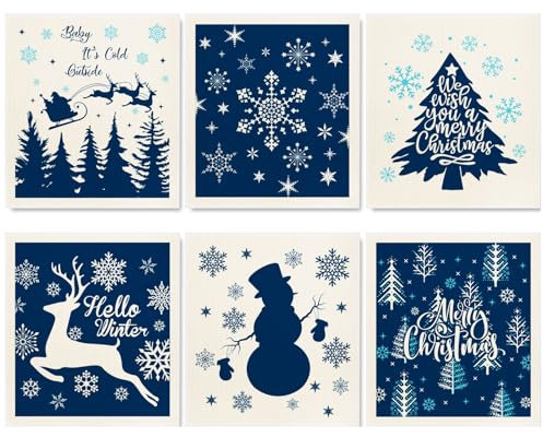AnyDesign 6Pcs Christmas Swedish Dishcloths Blue Merry Christmas Kitchen Dish Towel Reusable Winter Xmas Tree Snowflake Snowman Reindeer Cotton Kitchen Towels for Xmas Holiday Baking Cooking