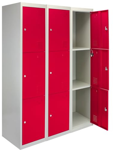 Monster Shop - 3 x 3 -türiger Fächerschrank Umkleideschrank Schließfachschrank Spind Garderobenschrank Stahlspind Stahlschrank Aufbewahrungsschrank Schrank Locker 45cm T x 38cm W x 180cm H Rot