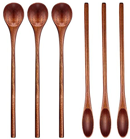 Doumneou Lot de 6 cuillères à café en bois à long manche - Cuillère à café en bois manuelle pour mélanger la cuisine