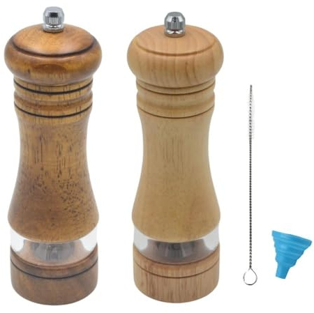 MASALACO Classic Salt and Pepper Grinder Set,Refillable Salt and Pepper Mills,Manual Oak Wood Salt Grinder,Pepper Grinder,Visible Adjustable Ceramic Grinding Rotor,2 Packs set, 6.5 inch Each