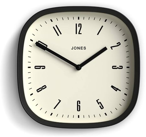 JONES CLOCKS® Marvel Wanduhr | Moderne Retro runde, quadratische Uhr | 25 cm | Schwarz | Cooler Designer-Look für küche, Wohnzimmer oder büro