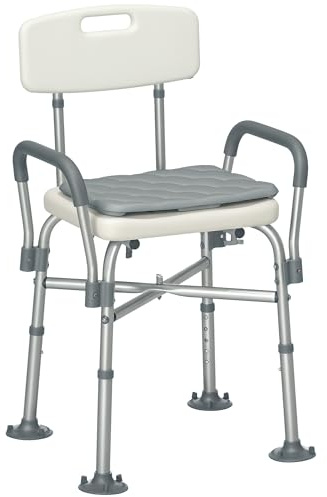 HOMCOM Sedia Doccia ad Altezza Regolabile su 5 Livelli con Braccioli Imbottiti e Cuscino Rimovibile, Sedia per Doccia in Alluminio e HDPE con Fori di Drenaggio, 53.5x52x80-90 cm, Bianca