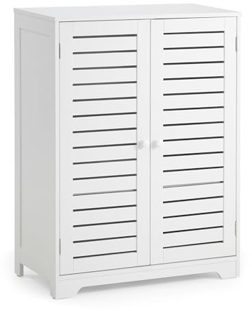 Mondeer Badezimmerschrank, Freistehender Badschrank mit 2 Lamellentüren und 2 Verstellbaren Regalebenen Moderne Stil, Für Badzimmer Küche Wohnzimmer, 60 x 30 x 80cm, Weiß
