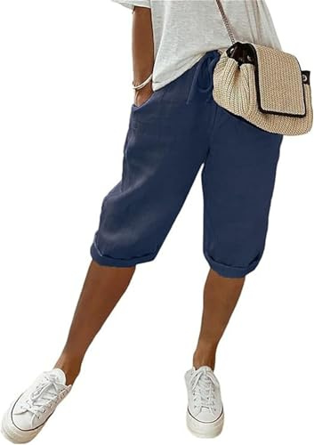 MorFansi Mujer Pantalones Cortos Verano de Lino y Algodón Estilo Capri hasta La Rodilla Bermudas Shorts Suelto Ligeros Correr Casual Jogging Pantalon Playa (Azul Oscuro,XXL)