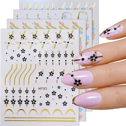 WHYCNJL 4 Feuilles Stickers Ongles 3D autocollant d'ongle Printemps Fleurs Autocollant d'ongle Stéréoscopique Coloré Fleur Nail Art Sticker Gaufrage à chaud Holographique Décoration Nail Design
