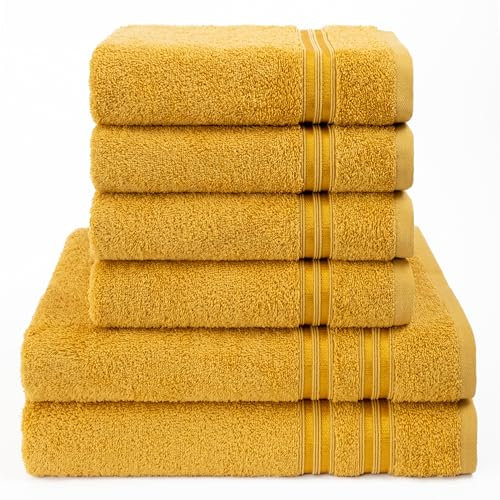 Hammetex Set di asciugamani da 6 pezzi, 100% cotone, morbido assorbente, di qualità, 2 teli da bagno 70 x 140 cm, 4 asciugamani da 50 x 100 cm, senape