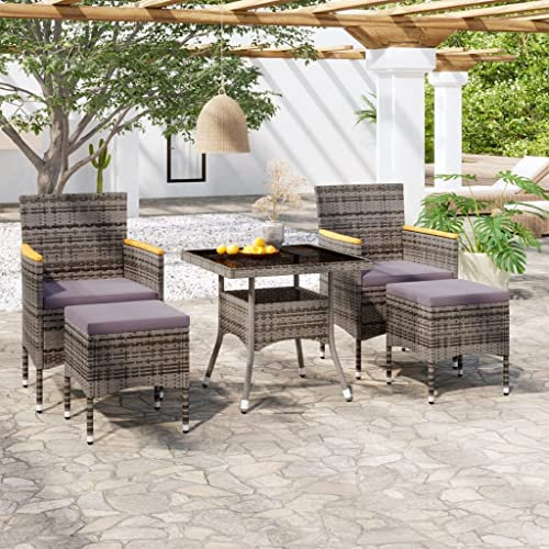 KATERYY 5-TLG. Garten-Essgruppe Poly Rattan und Hartglas Grau,Wohnliche Gartengarnitur aus Polyrattan mit gemütlichen Stühlen und Tisch für entspannte Stunden im Freien