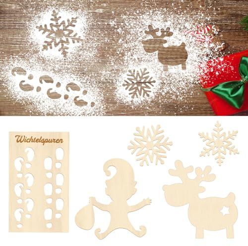 Wichtel Zubehör Weihnachten, Wichtelschablone Fußabdrücke Set, Wichtel Schablonen Holz, Wichtelspuren Schneeflocke Rentier Schablone, Kreativset Wichteltür Zubehör, für Fenster Floor, Weihnachtsdeko