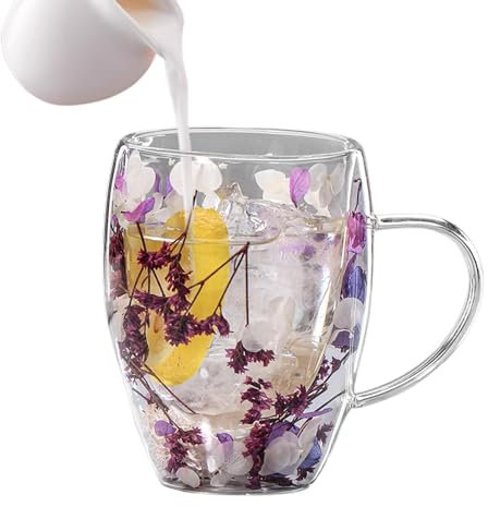 350ml Vaso De Vidrio De Doble Capa Vaso De Vidrio Con Flores Secas Taza De Vidrio De Doble Pared Con Flores Secas Tazas De Café De Vidrio Aislante Con Asa Para Bebidas Frías Y Calientes Té Chocolate