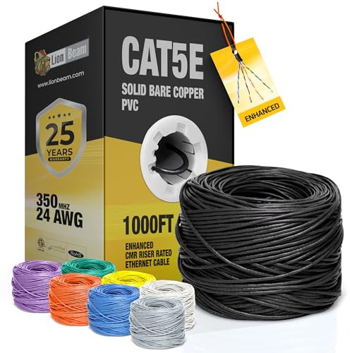 LION BEAM™ Cat5e Ethernet Cable 1000FT Pull-Box, 24AWG, CMR Insulated Solid Bare Copper Internet Cable 350 MHz, Provides High-Speed 1-5Gbps, UTP Bulk Ethernet Riser Cable with Smooth Fast Reel, Black