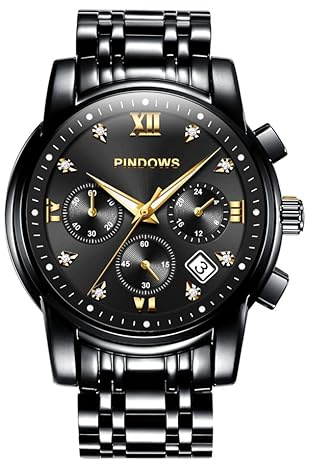 PINDOWS Orologio da uomo di lusso al quarzo, analogico, con datario e grande quadrante, impermeabile, elegante orologio da polso da business alla moda, orologio classico da uomo in acciaio