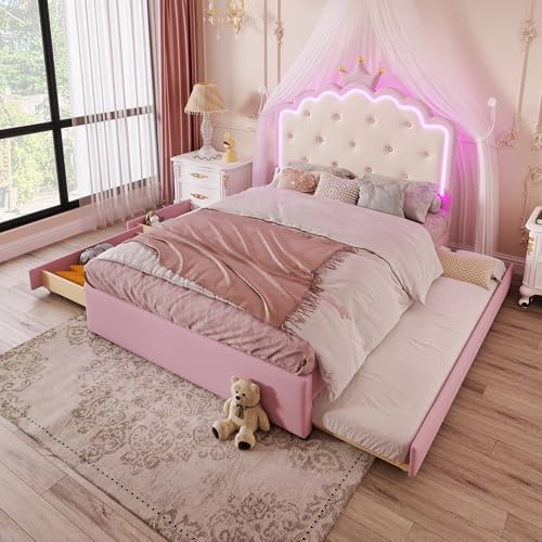 Kinderbett Polsterbett 140x200 mit Ausziehbett & 2 Schubladen, LED Mädchenbett Bettgestell für Mädchen,Prinzessinnenbett Kronen-Doppelbett aus PU-Leder mit Lattenrost & Rückenlehne,Ohne Matratze,Rosa