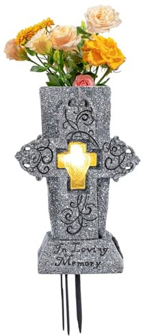 Vasi di cimitero per tomba, porta floreale incrociata per il cimitero con luce solare, supporto per fiori di resina tomba con punta a terra per perdita di doni di simpatia amata