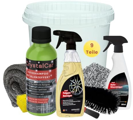 9-teiliges Autowäsche Set Außen – inkl. Auto-Shampoo, Felgenreiniger, Glasreiniger, Waschhandschuh, Trockentuch, Felgenbürste & Zubehör – Fahrzeugpflege komplett