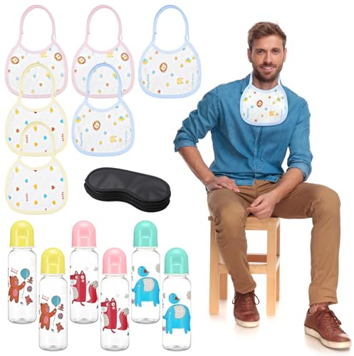 Threlaco 18 Pcs Bottle Baby Shower Games 6 Plastic Baby Bottles Bulk 6 Disposable Eye Mask Shade Cover 6 Baby Bibs Gender Reveal Games Baby Shower Party Games Favors Supplies