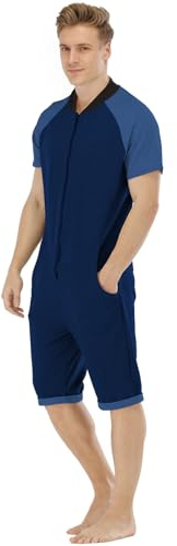 QIYUANT Combinaison Pyjama Court Hommes Grenouillères a Capuche Manches Courtes Short Été Confortable Zippé Adulte Une Piece Homewear Onesie Survêtement (Bleu Foncé, Bleu Clair, XL)