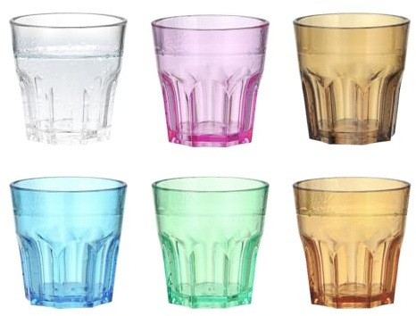 Set of 6 wiederverwendbaren Kunststoffgläsern, kleine Plastikbecher mit einem Gewicht von , 160 ml Plastikbecher für Erwachsene, stapelbare farbige Acrylbecher für ein Campingpicknick mit der Familie