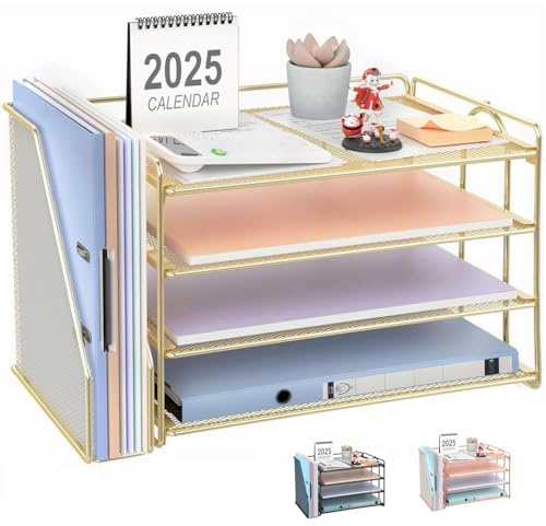 Schreibtisch Organizer mit Aktenhalter, 4-Tier Büro Organizer Papierablage, Netz-Dokumentenablage mit Zeitschriftenhalter, Schreibtisch Ablage für Büro Bedarf (Gold)