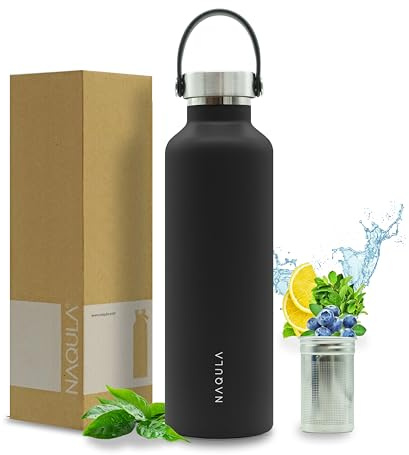 NAQULA® Thermosflasche 750 ml mit Tragegriff und abnehmbarem Sieb f Tee od Früchte. Edelstahl Trinkflasche auslaufsicher, kohlensäurehaltige Getränke geeignet, Isolierflasche heiß und kalt. (Schwarz)