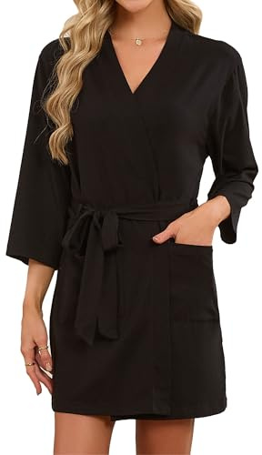 U2SKIIN Damen Bademantel kurz Kimonorobe aus Tencel-Baumwolle, weiche leichte Kurz Bademantel, V-Ausschnitt Spa Loungewear mit Taschen(Schwarz, M)