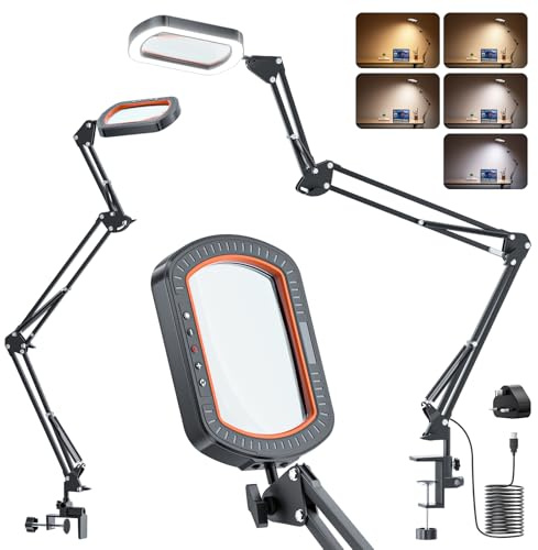 10X Rectangle Magnifying Glass with Light and Clamp, 3 Arms 5 Color Modes Large Magnifying Glasses LED Desk Lamp Hands Free Magnifier for Reading Crafts Jeweller Repair Painting Close Work Hobbies
