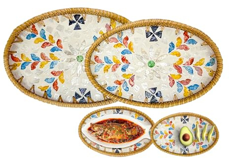 Joyeee Cuencos ovalados de ratán, paquete de 2 cuencos de almacenamiento de mimbre de ratán, cesta de regalo decorativa de mimbre para servir pan de frutas y alimentos, organización de encimera de
