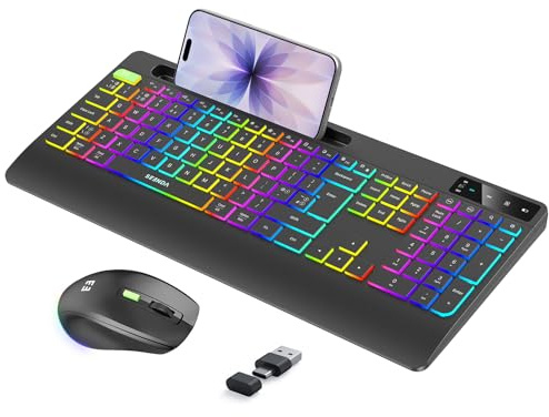 seenda Clavier et Souris sans Fil rétroéclairés, kit Ergonomique Rechargeable 2,4 G USB A & Type C avec rétroéclairage Arc-en-Ciel et Repose-Poignet, Noir