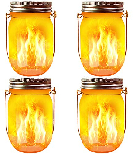 Solar Mason Jar Flicker Lights Upgraded, 4 Pack Flickering Torches Lights Outdoor Hanging Lanterns Landscape Decoration Lighting Dusk to Dawn Auto On/Off Security Halloween Torch Lights