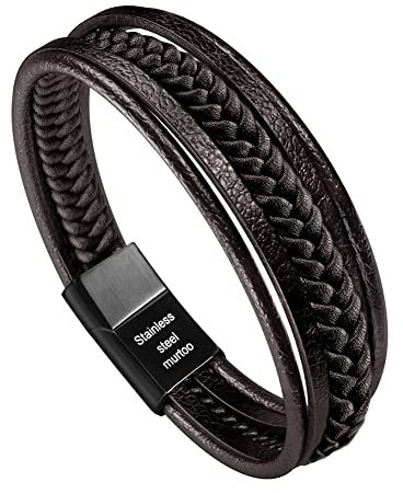 Murtoo Herren Armband Edelstahl Echtleder Geflochten Mit Magnet Verschluss, Schwar-braun, 20.5cm