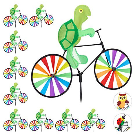 Relaxdays 10 Molinillos de Viento Tortuga para Terraza, Jardín y Niños, Poliéster y Plástico, Multicolor