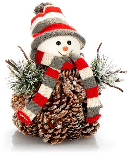com-four® Schneemannfigur Größe L Premium, winterliche Premium Dekofigur mit Tannenzapfenkörper, liebevolle weihnachtliche Details, hinreißende Tischdeko für die Adventszeit (rot-grau - L)