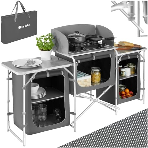 tectake® campingkök hopfällbart, portabelt och mångsidigt utekök med värmebeständig arbetsplatta, vindskydd, höjdjusterbara fötter & bärväska, lätt campingbord för gasspis och friluftsliv - Grå