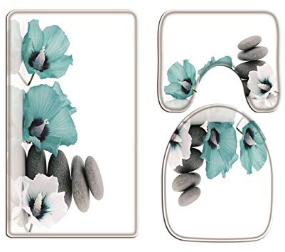 A.Monamour Badezimmer Badematte 3 Teilig Set Blaue Orchidee Mit Haufen Kiesel Zen Spa Stein Natur Flanell WC Toilette Deckel Deckt Bad Matte Teppich Badteppiche Badvorleger Badgarnitur Vorleger