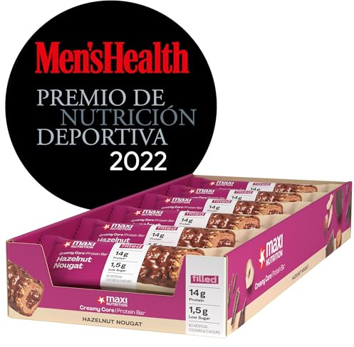 MaxiNutrition Barritas proteicas Creamy Core Bar sabor a turrón de avellana, 12 x 45 g, 32% de proteína, 14 g por barrita, bajo en azúcar (1,5 g), sin azúcares añadidos