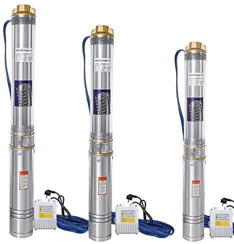 Randaco Pompe de Puits Profon 0,75 kW, Pompe Submersible en acier inoxydable débit jusqu’à 4 000 L/h, hauteur de pompage maximale 67 m, Maillage de Filtration Multiple, 6,7 bar max