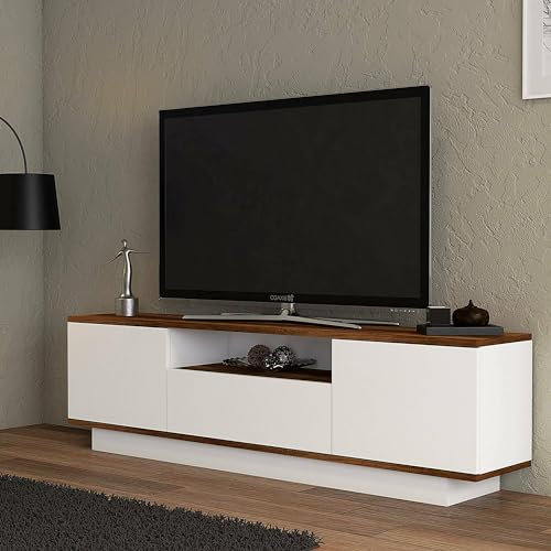 Dmora Mobile Porta TV Mankib, Credenza da soggiorno, Armadio Basso per TV, Base parete attrezzata, 160x30h45 cm, Noce e Bianco