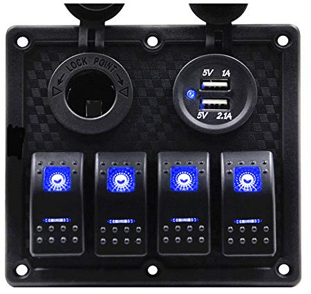 TOTMOX 12V/24V 4 Gang LED interrupteur à bascule marche-arrêt pour caravane de RV de voiture de bateau marin, double interrupteur USB panneau à bascule à bascule automatique, Lumière bleue