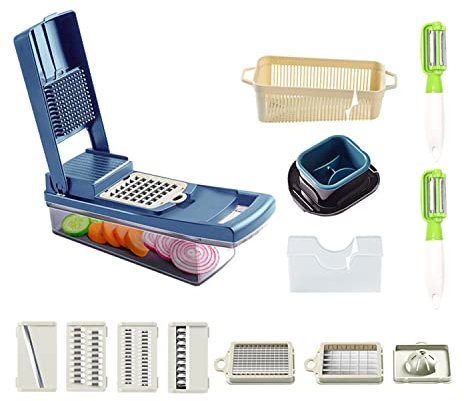 AVSMGP Affettaverdure Taglia Verdure 12 in 1 Tagliaverdure a Cubetti Mandolina per Verdure Grattuggia Verdure Mandolina Affettatrice Affetta Verdure Professionale Taglia Patate con 2*Pelapatate,Blu