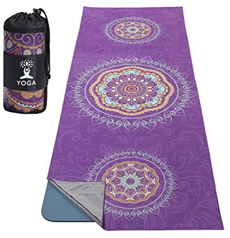 MoKo Yoga Towel, Non Slip Hot Yoga Mat Yoga Blanket Printing Pattern Quick Dry with Corner Pocket for Bikram, Pilates, Gym Workout, Outdoor Picnic, Purple Mandala