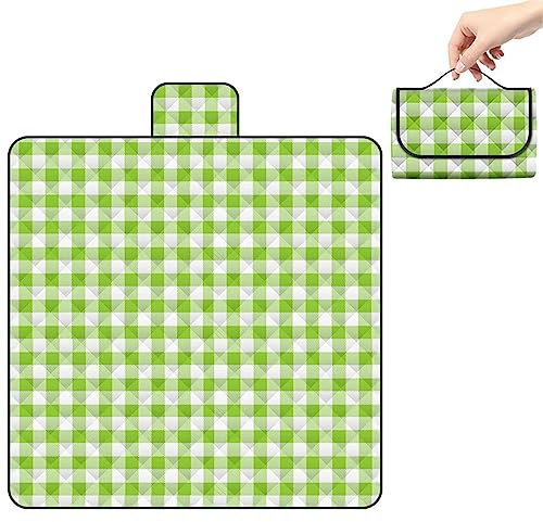 TengYuer Picknickdecke 180x200cm Stranddecke Wasserdicht Sandfrei Isoliert Faltbar Strandmatte mit Tragegriff Outdoor Campingdecke XXL für Camping Parks Strände Picknick GrüN Weiß Kariert