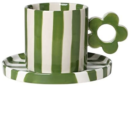 HASMI Mug Tasse rayée personnalisée Belle poignée de Tasse en Forme de Fleur Tasse à thé de l'après-midi avec Soucoupe Tasse à café en céramique Tasses à Thé (Color : A)