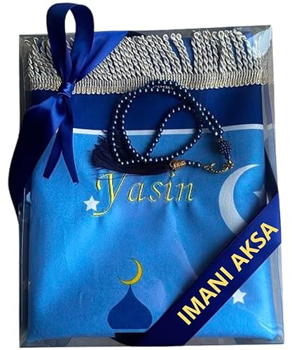 Imani Aksa Gebetsteppich mit Namen Bestickt Tesbih Personalisierter Gebetsteppich Prayer Mat Islamische Geschenke Seccade Ramadan Bayram Kinder Erwachsene (Blau., Kinder)