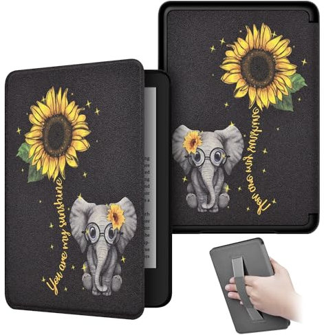 KEROM 6,8'' Kindle Paperwhite 11. Generation Hülle 2021 (Modellnummer: M2L3EK/M2L4EK), PU Leder Schutzhülle mit Handschlaufe und Auto Schlaf/Wach Funktion, Elefant
