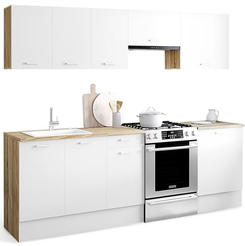 IDMarket - Cocina completa 240 cm SUBTIL con 7 encimeras de madera y blanco