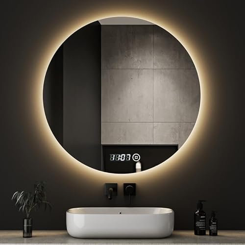 Boromal Badspiegel Rund mit Beleuchtung und Uhr Badspiegel 60x60cm LED Spiegel Runder Badezimmerspiegel mit Beleuchtung Wandspiegel Rund mit 3 Lichtfarbe Dimmbar + Uhr